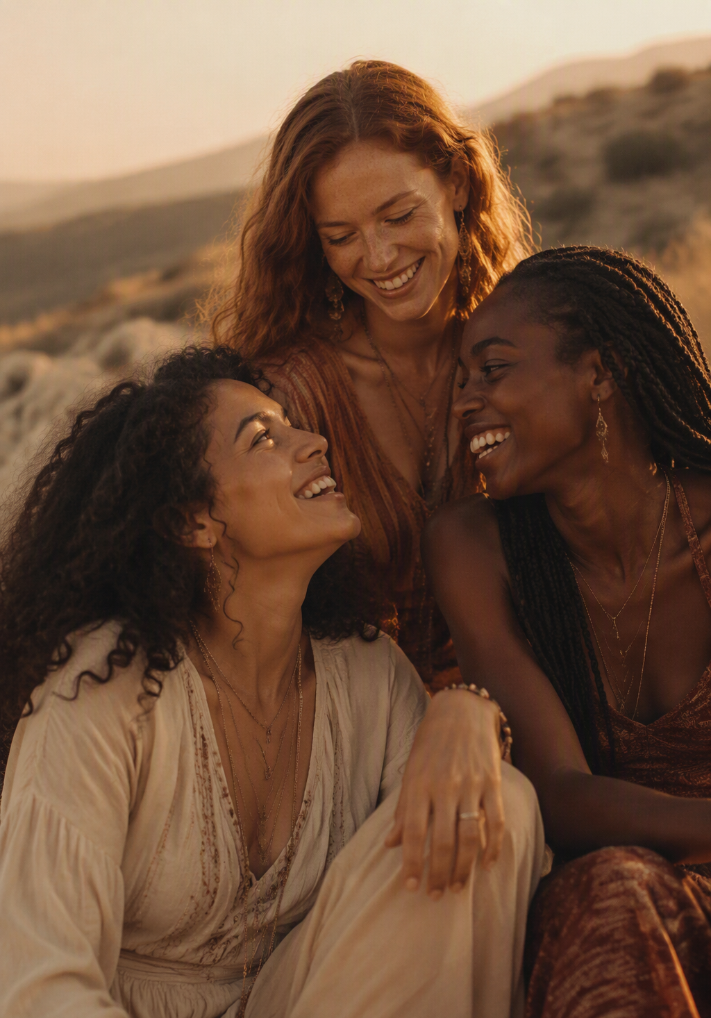 Three friends laughing together at golden hour